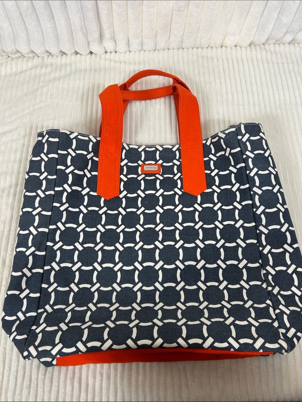Ame & Lulu Navy & Orange Patterned Tote Bag with Contrast Handles